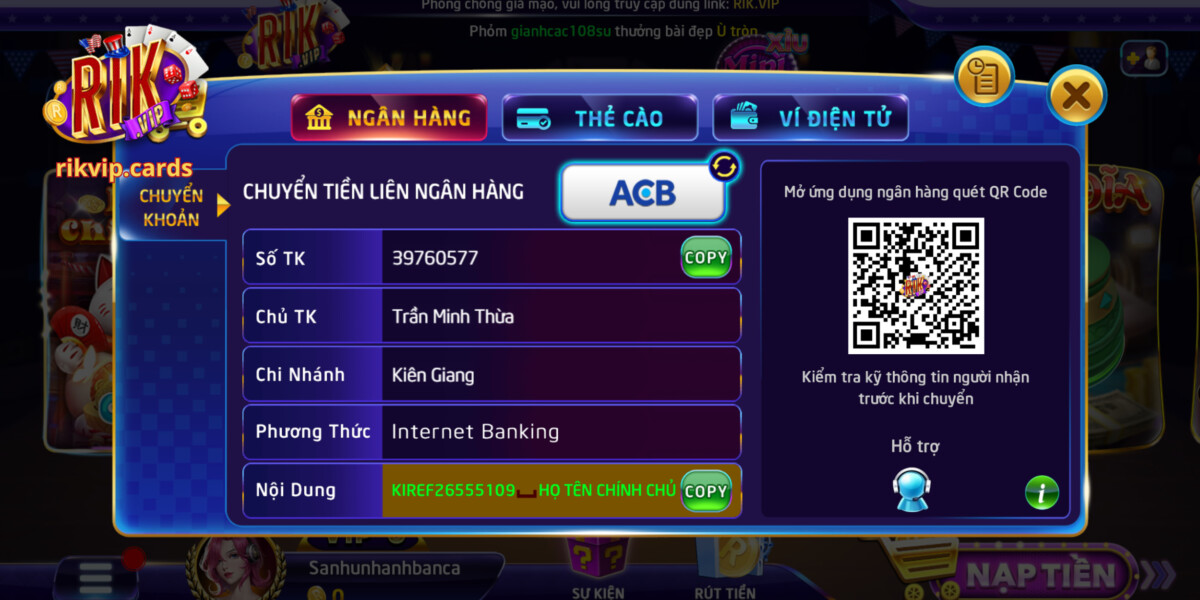 Dễ dàng nạp tiền bằng tài khoản ngân hàng